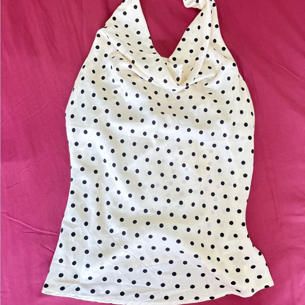 Polka Dot Halter Cowl Neck Tank Top - White/Black